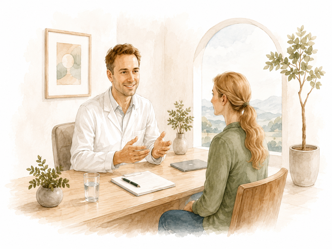 Dr. Lindenthal im Gespräch mit einer Patientin am Schreibtisch